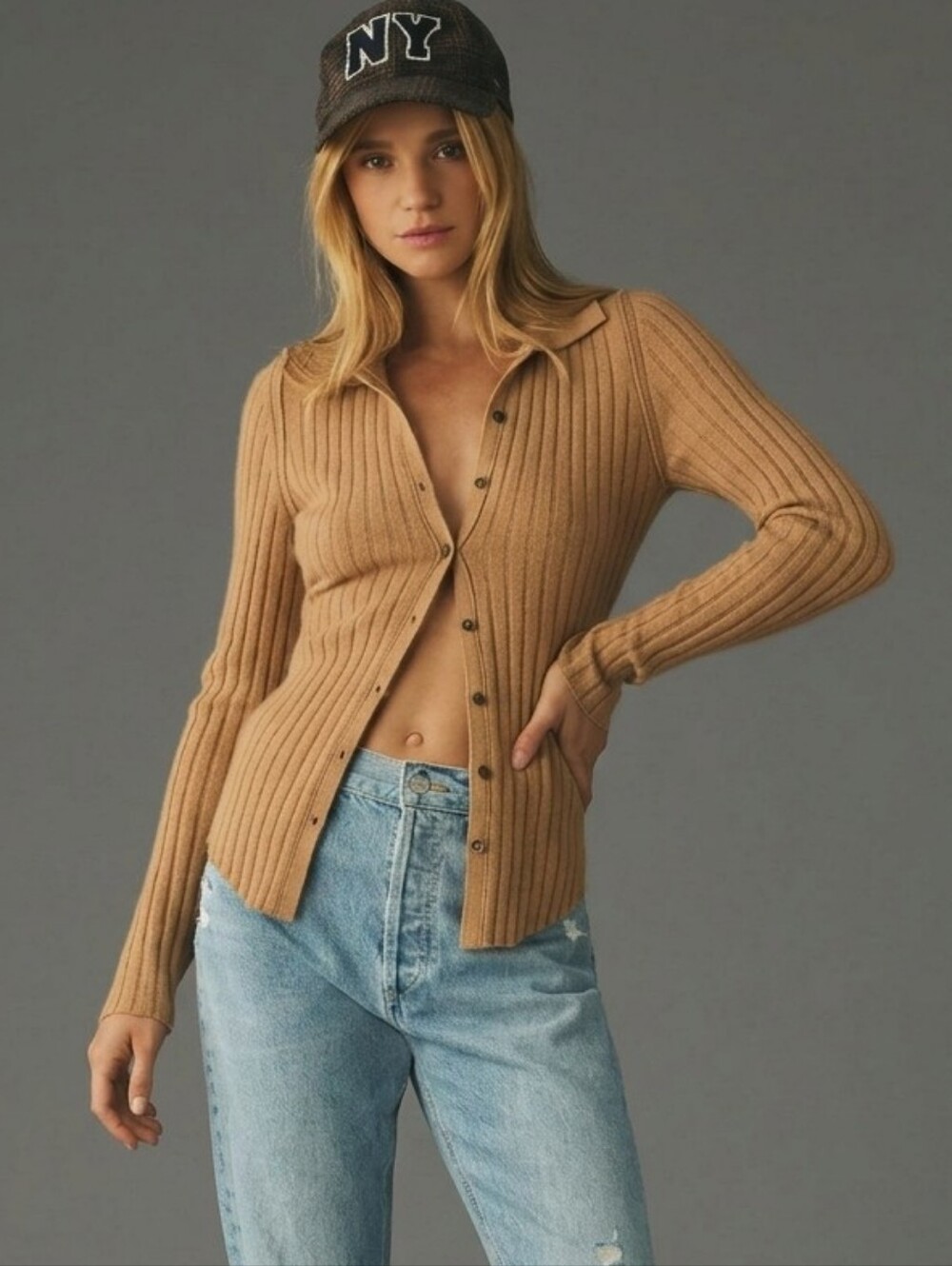 PILCRO Anthropologie Long Sleeve Ribbed Cardigan Sweater Tan Neutral Cozy Size S